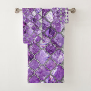 Quatrefoil Moroccan Pattern Amethyst and silver Bath Towel Set