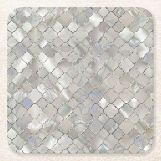 Quatrefoil Moroccan Pattern Mother of Pearl Square Paper Coaster (Front)