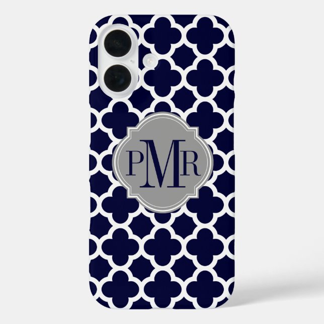 Quatrefoil Navy Blue White Pattern Grey Monogram Case-Mate iPhone Case (Back)