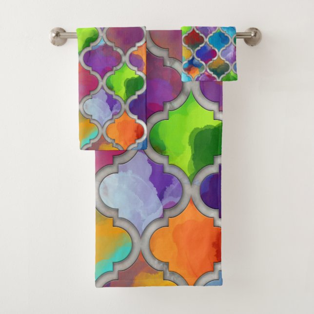 Quatrefoil pattern - Colourful watercolor Bath Towel Set (Insitu)