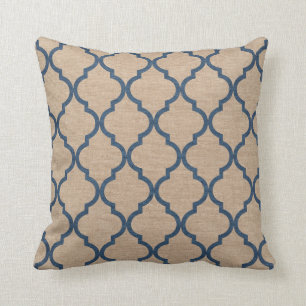 Quatrefoil Pattern Denim Blue and Tan Throw Pillow