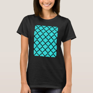 Quatrefoil Pattern In Black Outline On Aqua Blue T-Shirt