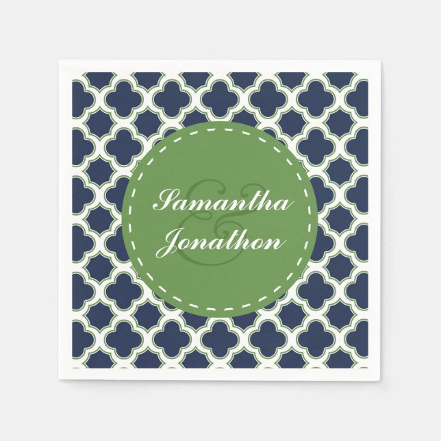 Quatrefoil Pattern Navy & Green Custom Wedding Napkin (Front)