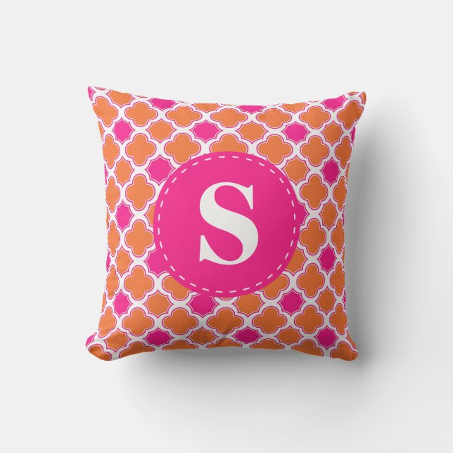 Quatrefoil Pattern Orange & Hot Pink with Monogram Throw Pillow (Front)