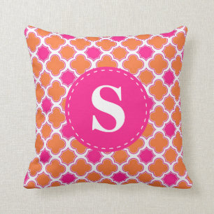 Quatrefoil Pattern Orange & Hot Pink with Monogram Throw Pillow
