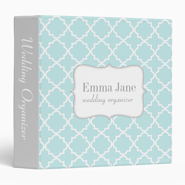 Quatrefoil pattern personalized binder, aqua binder (Front/Spine)