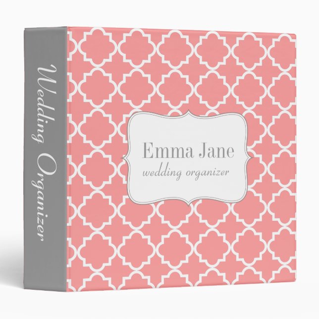 Quatrefoil pattern personalized binder, pink binder (Front/Spine)