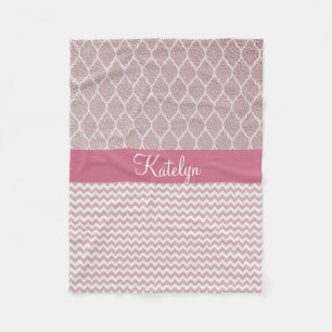 Quatrefoil Pattern Rose Gold Chevron Monogram Fleece Blanket