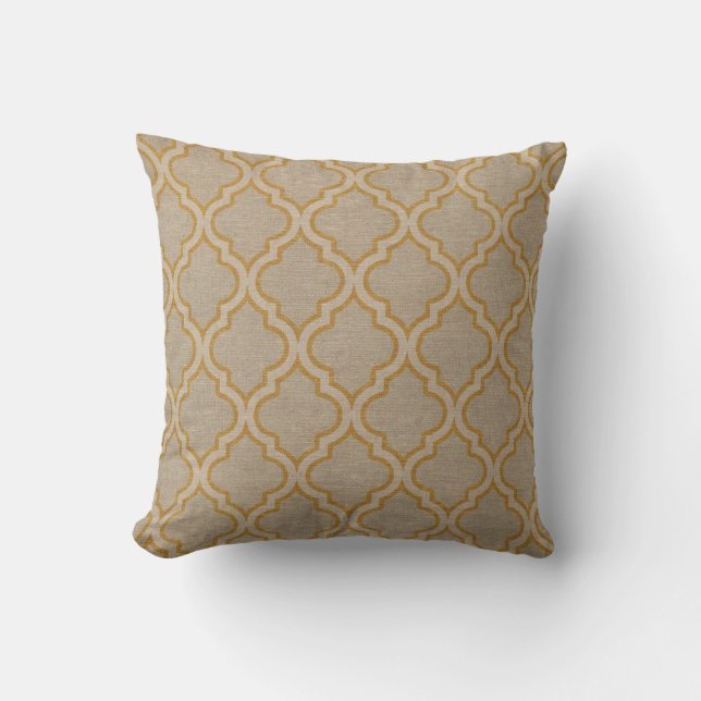 Quatrefoil Pattern Taupe and Gold Throw Pillow (Front)