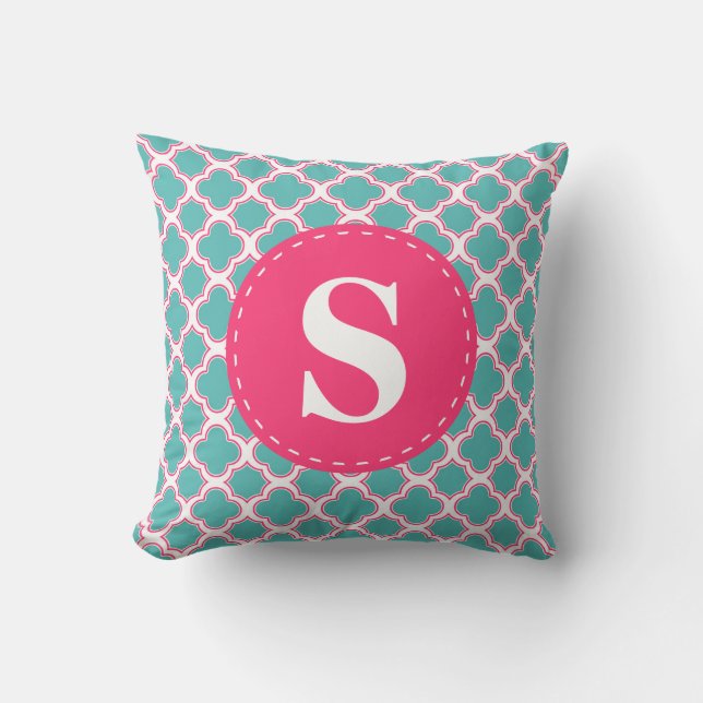 Quatrefoil Pattern Turquoise Blue & Pink Monogram Throw Pillow (Front)