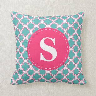 Quatrefoil Pattern Turquoise Blue & Pink Monogram Throw Pillow