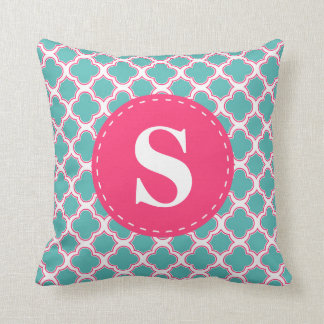 Quatrefoil Pattern Turquoise Blue & Pink Monogram Throw Pillow