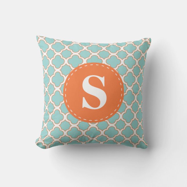 Quatrefoil Pattern Turquoise Orange with Monogram Throw Pillow (Front)