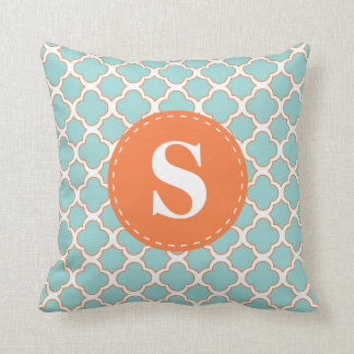 Quatrefoil Pattern Turquoise Orange with Monogram Throw Pillow