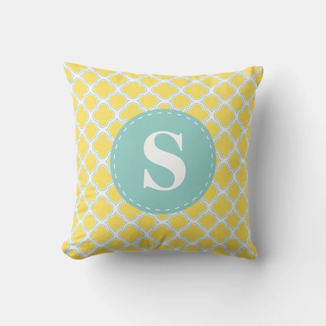 Quatrefoil Pattern Yellow and Aqua with Monogram Throw Pillow (Front)