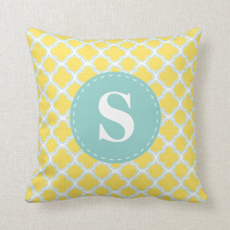 Quatrefoil Pattern Yellow and Aqua with Monogram Throw Pillow