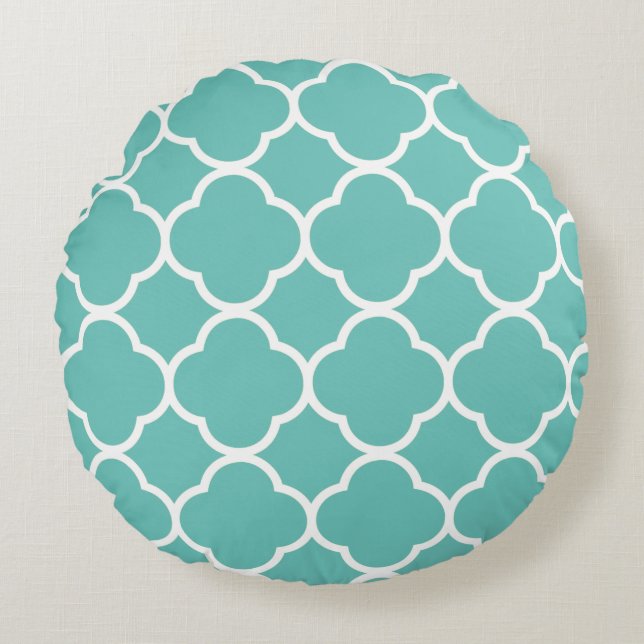 Quatrefoil Patterns Teal Blue White Custom Color Round Pillow (Front)