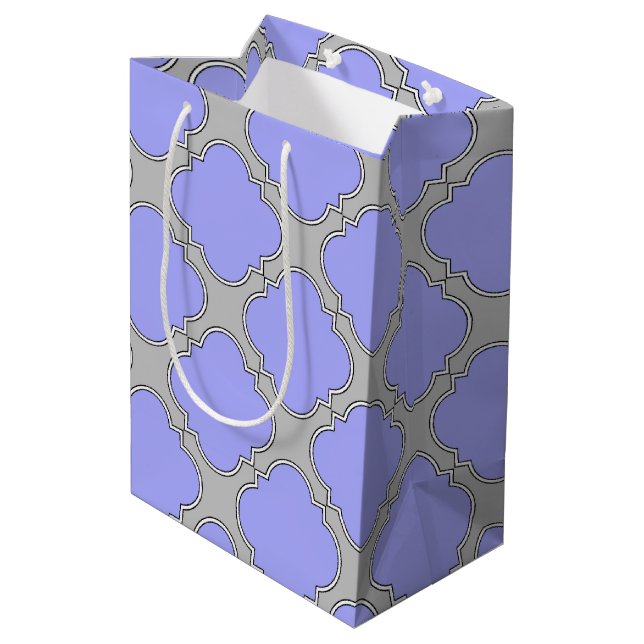 Quatrefoil periwinkle and grey medium gift bag (Back Angled)