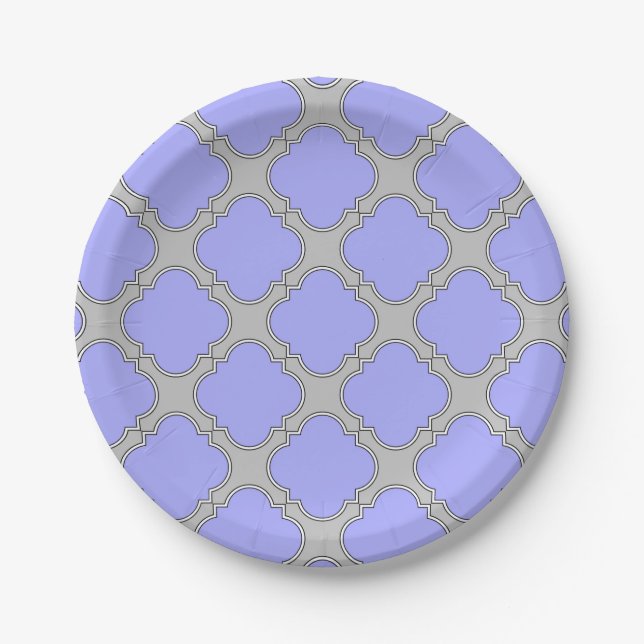 Quatrefoil periwinkle and grey paper plate (Front)