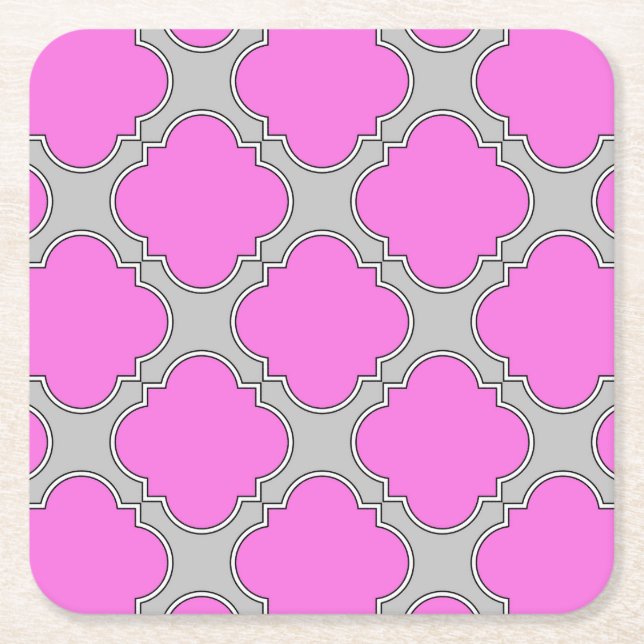 Quatrefoil pink and grey square paper coaster (Front)