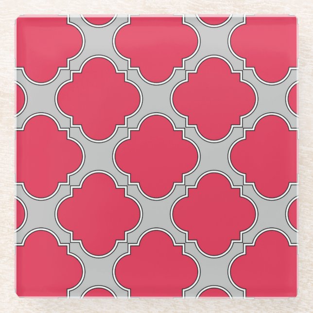 Quatrefoil red and grey glass coaster (Front)