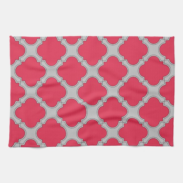 Quatrefoil red and grey kitchen towel (Horizontal)
