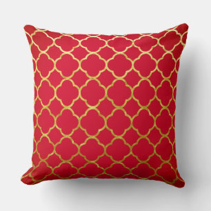 Quatrefoil Red Gold Foil Lattice Patterns Sparkly Throw Pillow
