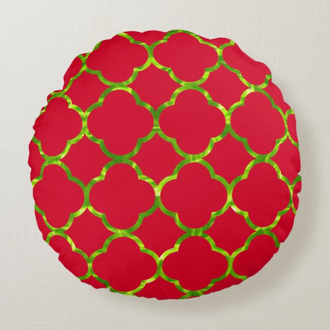 Quatrefoil Red Green Neon Colour Sparkly Christmas Round Pillow (Front)