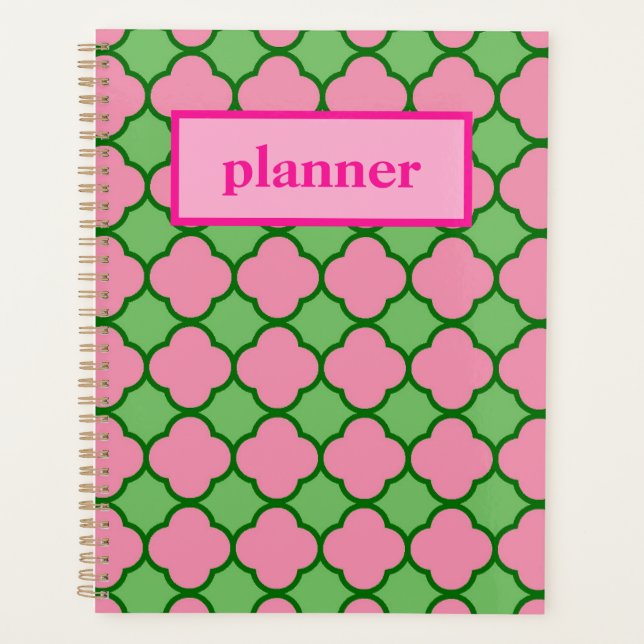 Quatrefoil rose et vert Preppy (Devant)