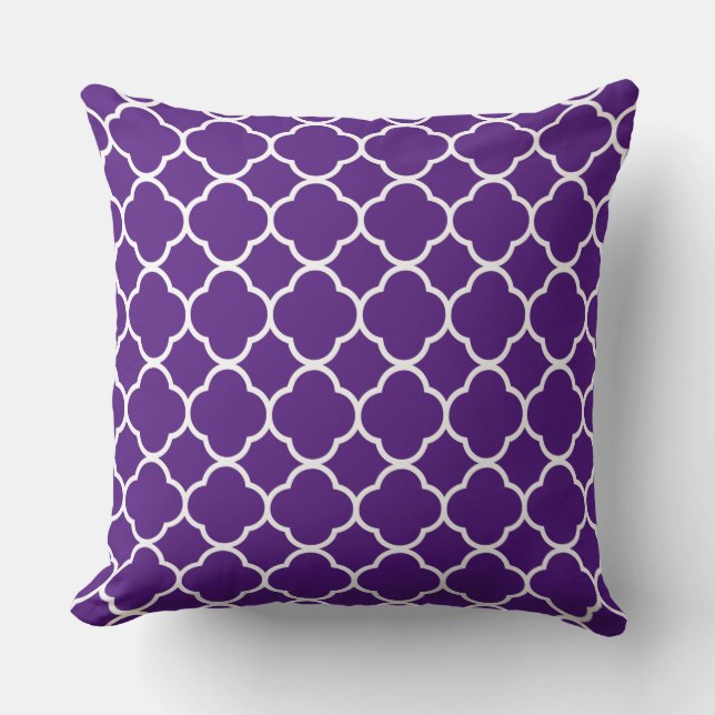 Quatrefoil Royal Purple White Lattice Cool Cotton Throw Pillow (Front)