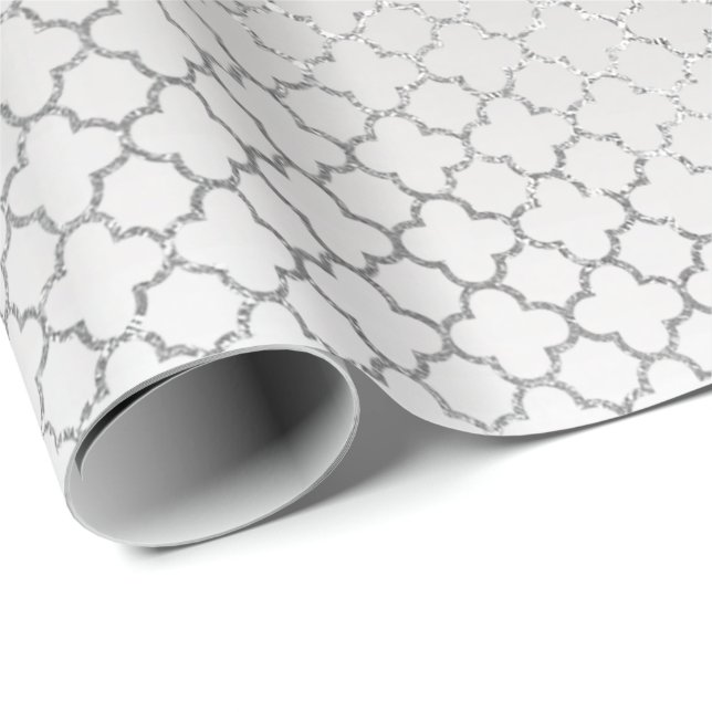 Quatrefoil Silver Glam Art Deco White Shiny Wrapping Paper (Roll Corner)