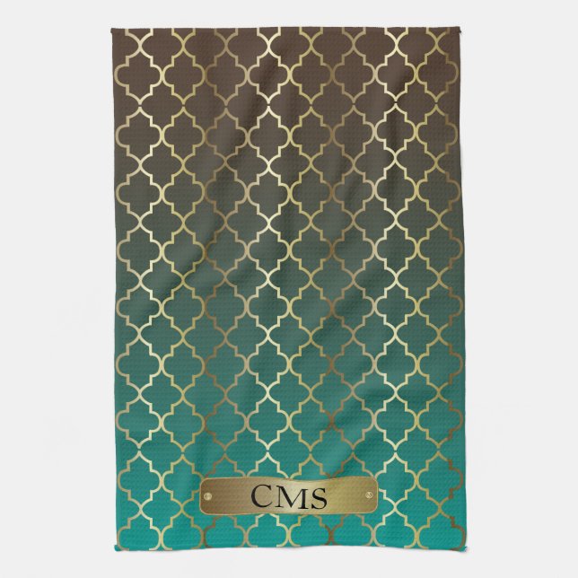 Quatrefoil Teal and Dark Brown Blend Kitchen Towel (Vertical)