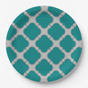 Quatrefoil teal and grey paper plate