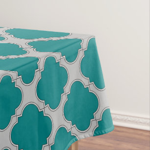 Quatrefoil teal and grey tablecloth