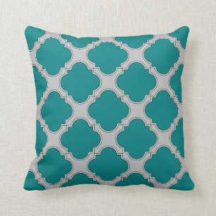 Quatrefoil teal and grey throw pillow