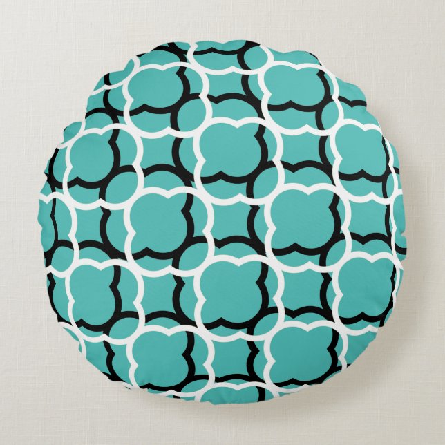 Quatrefoil Teal Blue Black White Lattice Patterns Round Pillow (Front)