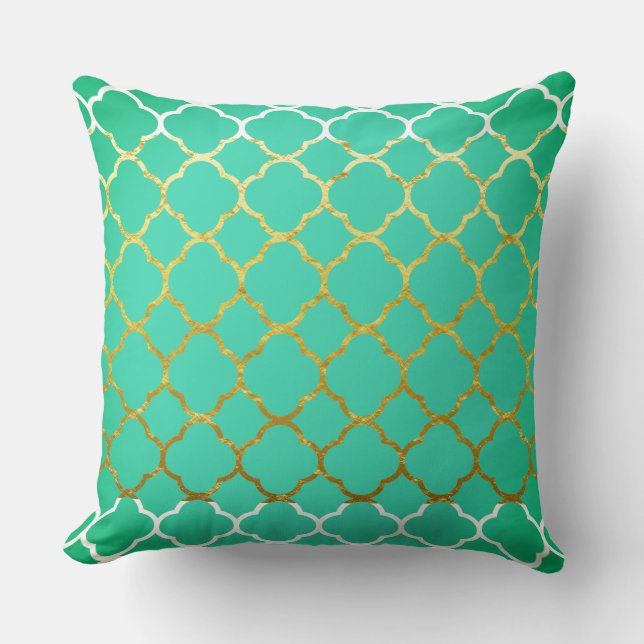 Quatrefoil Teal Blue Gold Seafoam Green White Throw Pillow (Front)