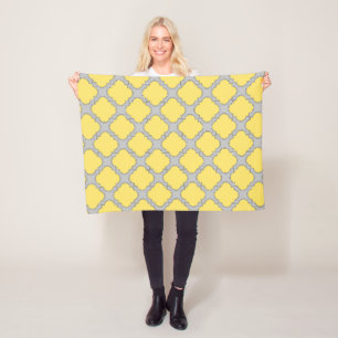 Quatrefoil yellow and grey fleece blanket
