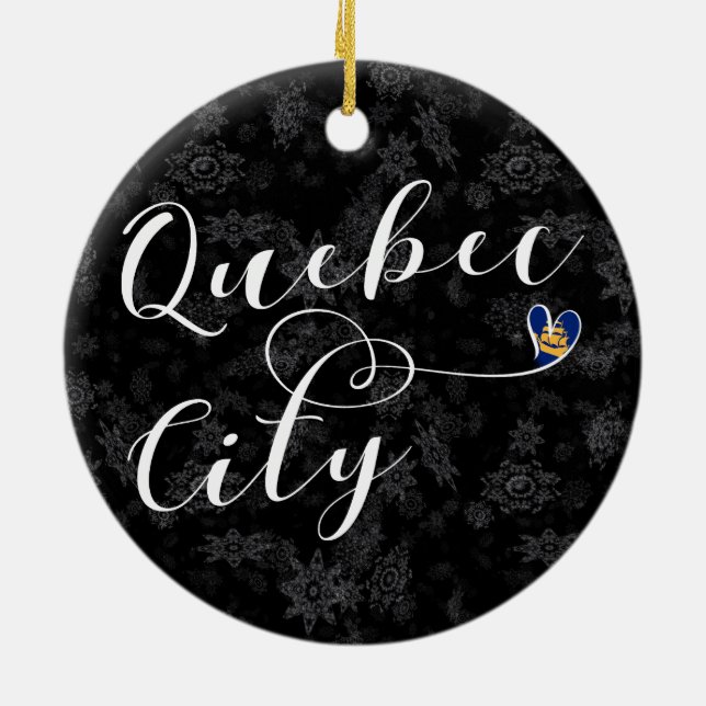 Quebec City Flag In Heart Ceramic Ornament (Back)