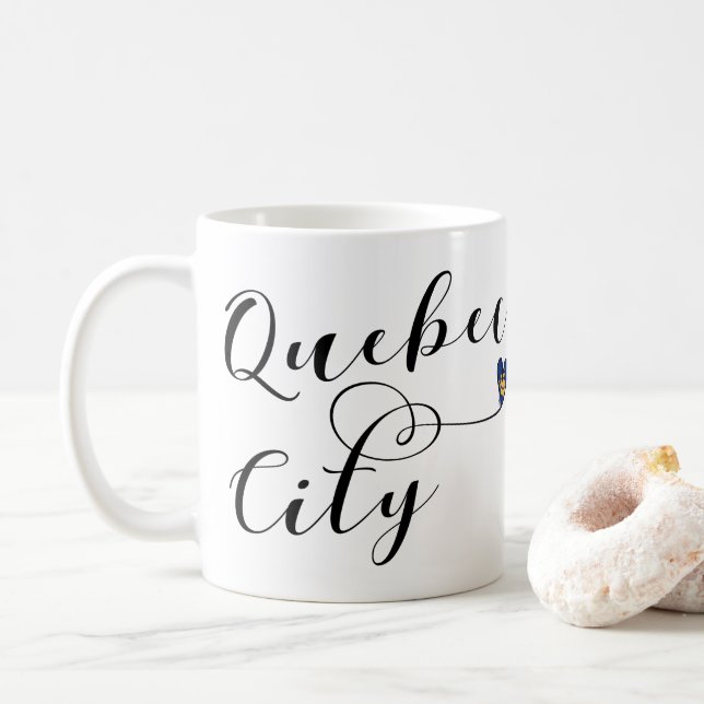 Quebec City Flag In Heart Coffee Mug (With Donut)