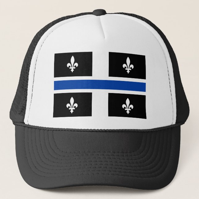 Quebec Flag Blue Line Fleur de Lys Graphic Art on Trucker Hat (Front)