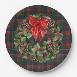 Quebec Provincial Tartan Christmas Wreath Paper Plate
