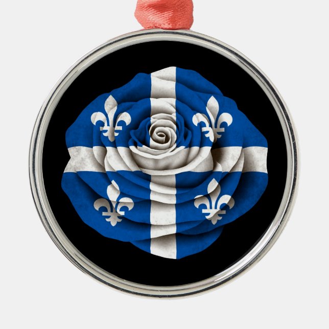 Quebec Rose Flag on Black Metal Ornament (Front)