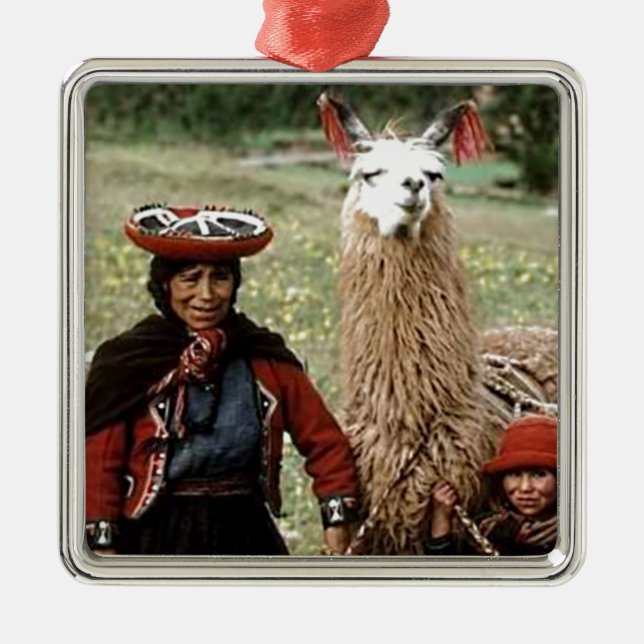Quechua Woman with Two Llamas Photo Metal Ornament (Front)