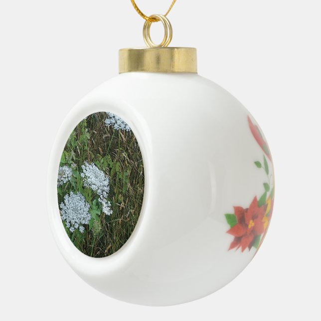 Queen Anne’s Lace White Wild Flower Ceramic Ball Christmas Ornament (Right)