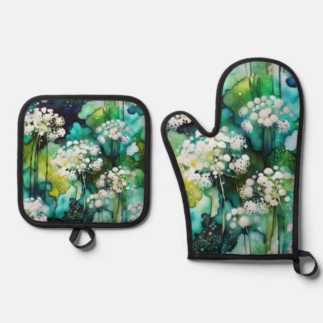 Queen Anne's Lace Abstract Oven Mitt & Pot Holder Set (Front)