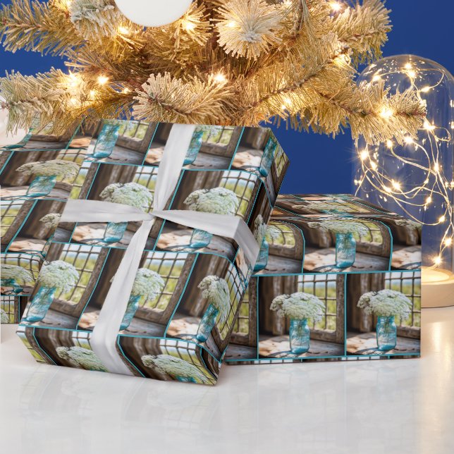 Queen Anne's Lace In Aqua Mason Jar Wrapping Paper (Holidays)