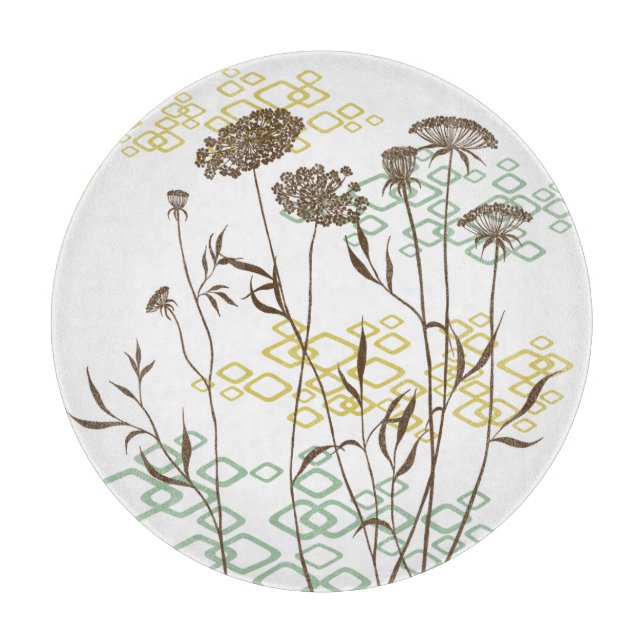 Queen Anne's Lace/White Round Glass Cutting Board (Front)