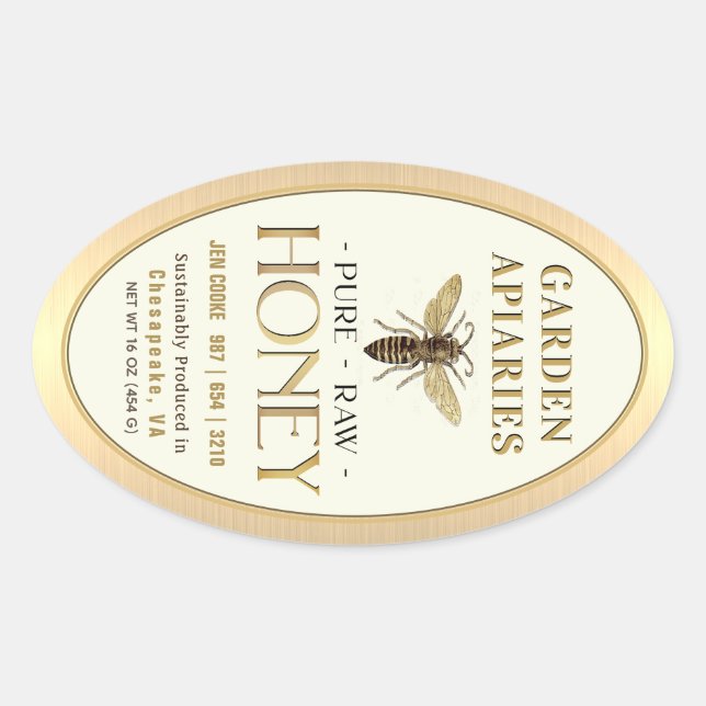 Queen Bee 16 oz Queenline Jar Raw Honey Gold  Oval Sticker (Front)