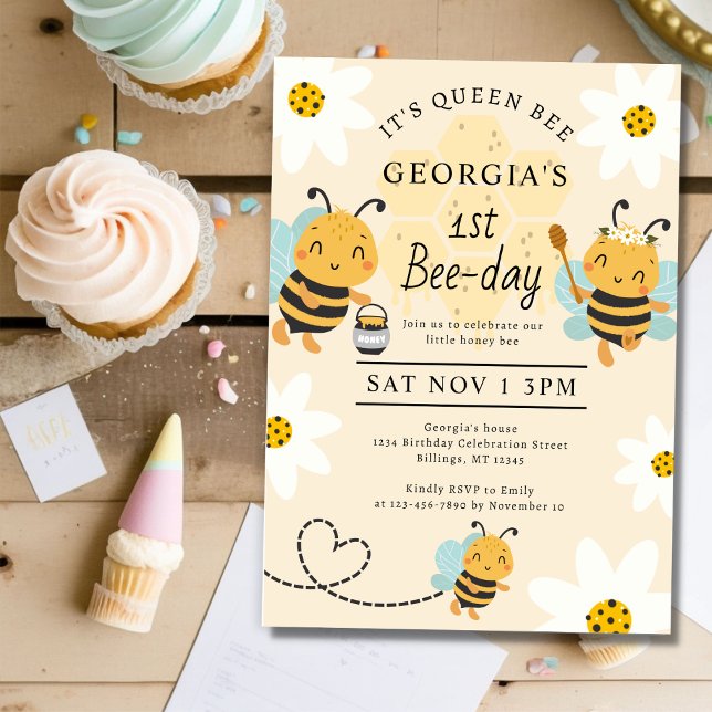 Queen Bee 1st Bee-day Birthday Party Invitation (Creator Uploaded)